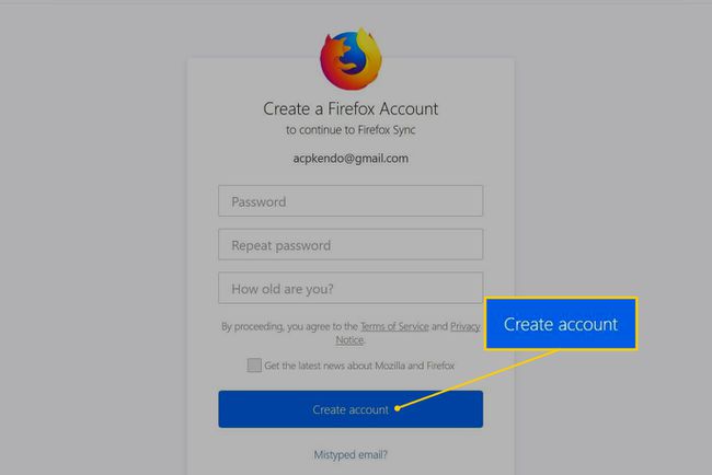 Botón Crear cuenta en la página Crear una cuenta de Firefox