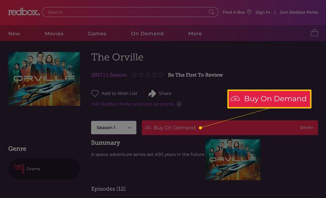 The Orville TV şovu için Redbox İstek Üzerine Satın Al düğmesi