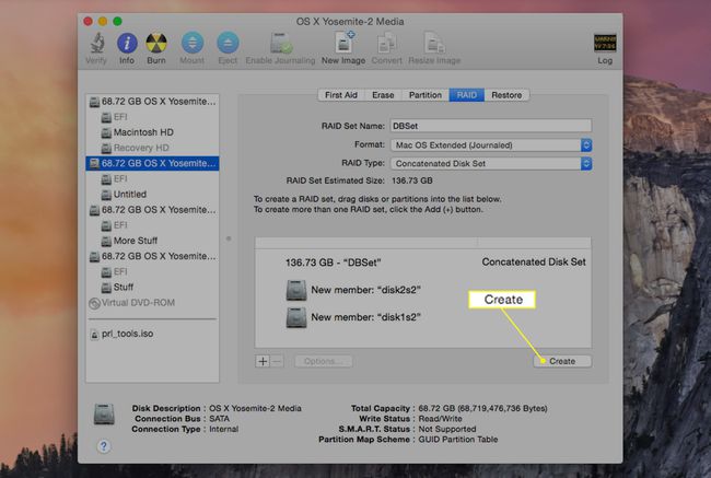 تم تمييز الزر Create في علامة التبويب Disk Utility RAID