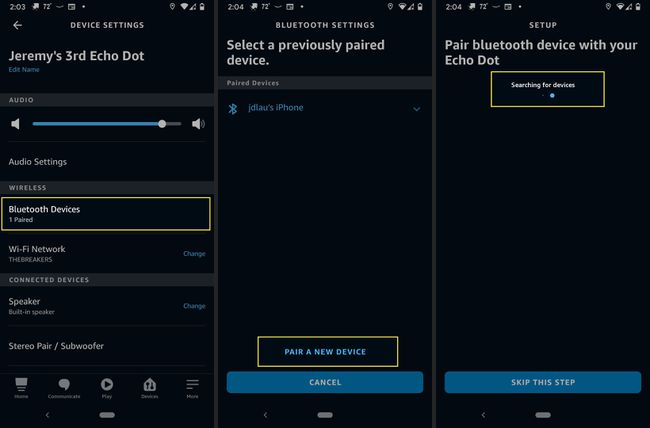 Spárování s Echo Dot v aplikaci Alexa, se zvýrazněným zařízením Bluetooth, Spárovat nové zařízení a vyhledávání aplikací