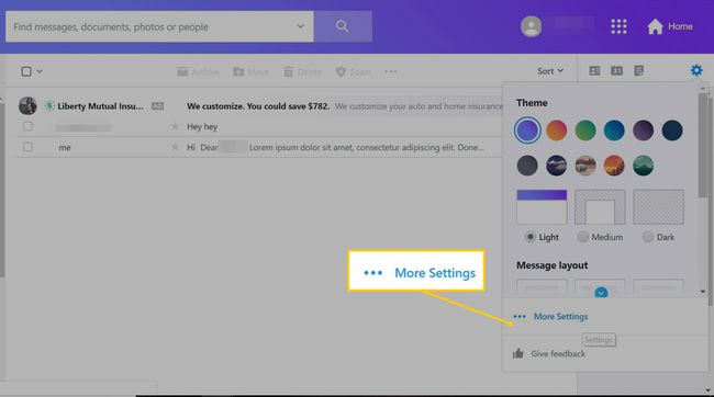 Link Mais configurações na página do Yahoo Mail