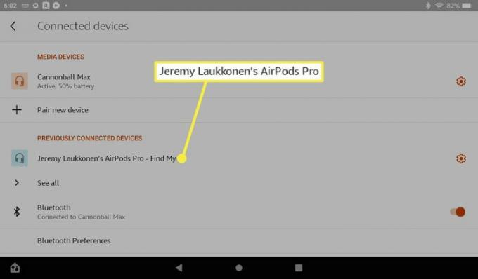 AirPods, виділені в розділі «Раніше підключені пристрої» на Kindle Fire.