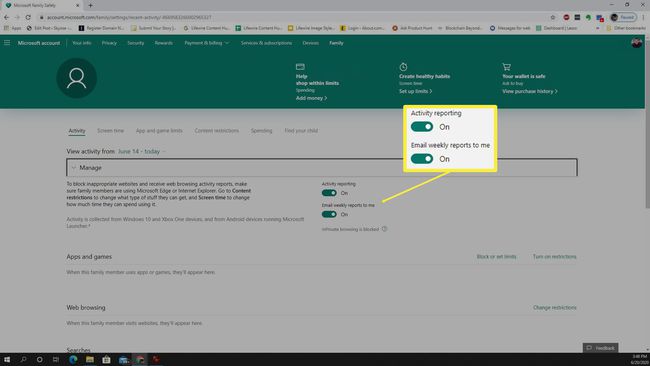 Snímek obrazovky karty aktivity Microsoft Family Safety.