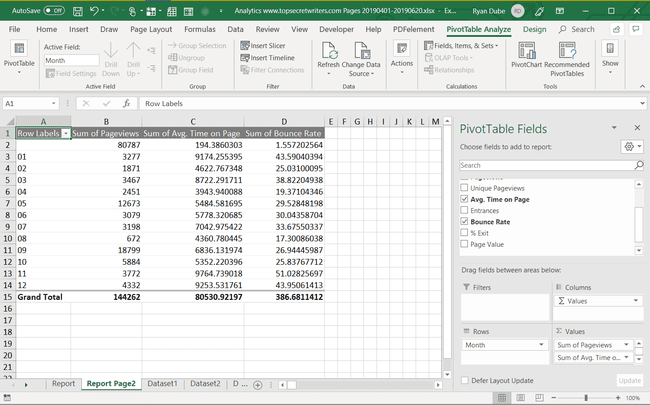 Screenshot einer PivotTable-Analyse in Excel