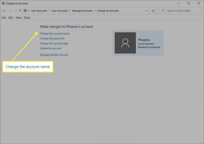 Windows'ta Denetim Masası'nda vurgulanan hesap adı bağlantısını değiştirin.