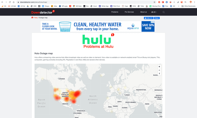 Skärmdump av Hulu Live Outtage Map på Downdetector.com.