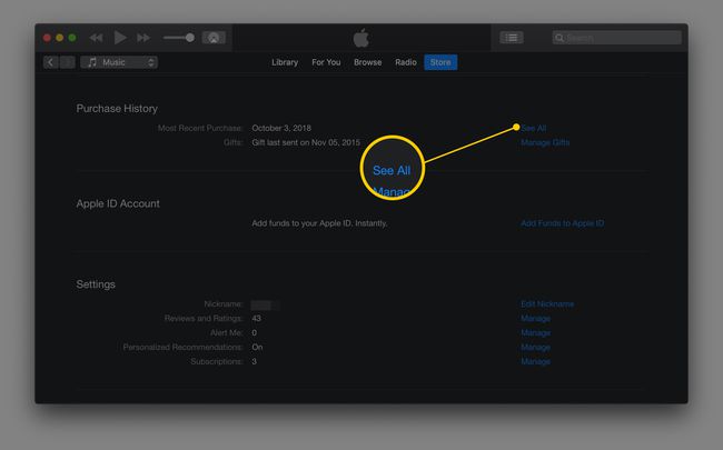 انظر كل الرابط في قسم محفوظات الشراء في iTunes عبر الوضع المظلم في macOS