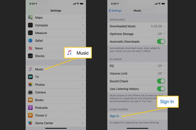 Música, botones de inicio de sesión en la configuración para compartir en casa en iOS