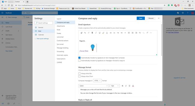 Teksti ja graafika lisamine e-posti allkirjale rakenduses Outlook.com.