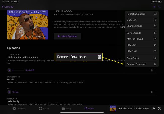 Um episódio do Apple Podcasts com a opção 'Remover download' destacada