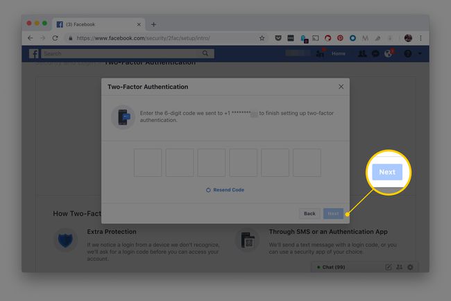 Dvofaktorska autentifikacija s Facebooka koja prikazuje 6-znamenkasta polja koda i gumb Sljedeće