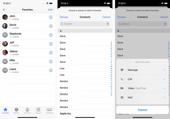 Capturas de tela de adição de contatos favoritos no iPhone