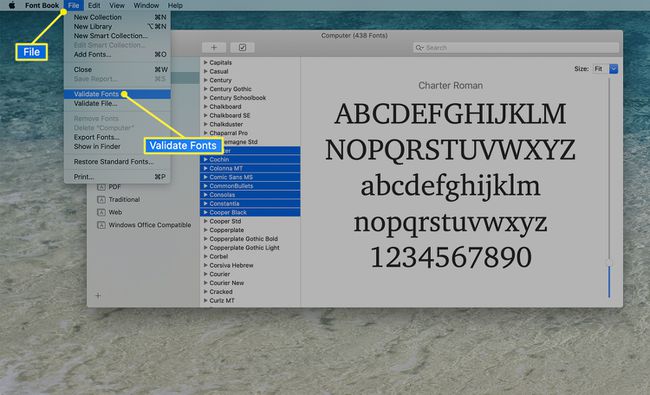 [フォントの検証]が強調表示されたMacのFontBookのファイルメニュー