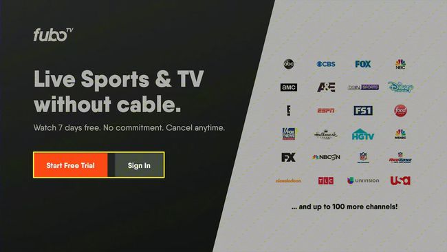 Zaslon za prijavo v aplikacijo fuboTV na Amazon Fire TV Stick.