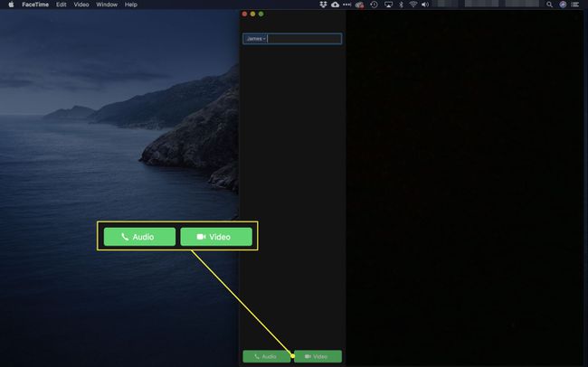 L'app FaceTime per macOS con i pulsanti Audio e Videochiamata evidenziati