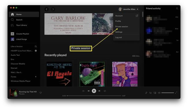 プライベートセッションが強調表示されたSpotifyアプリ。