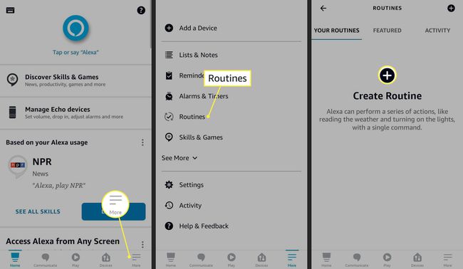 Lisää, Rutiinit ja Lisää rutiini (+) korostettuna Alexa-sovelluksessa