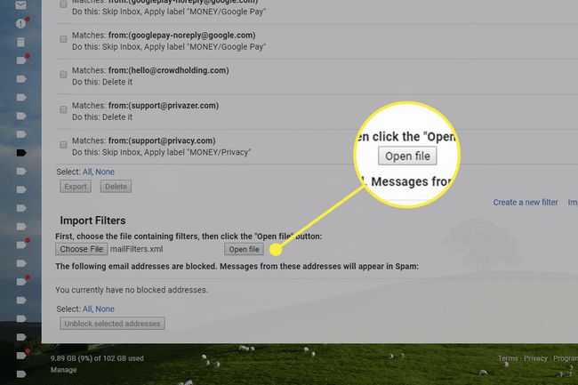 Seção de filtros de importação do Gmail com o botão Abrir arquivo destacado