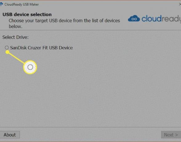 Der Bildschirm zur Auswahl des USB-Geräts des Cloudready-Installationsprogramms