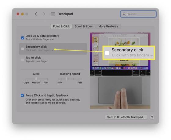 トラックパッド設定が開いていて、セカンダリクリックが強調表示されているMacシステム環境設定