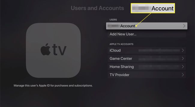 Apple TV kasutajate ja kontode ekraan