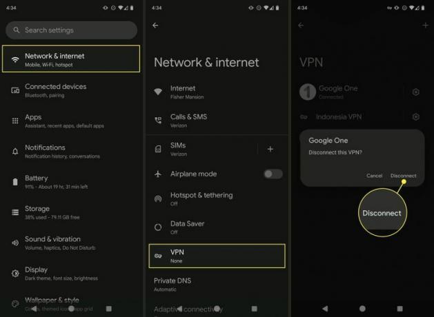 „Rețea și internet” evidențiate, „VPN” evidențiate și „Deconectare” evidențiate în aplicația Setări Android.