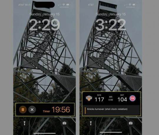 iPhone ロック画面上のライブ アクティビティの 2 つの例 (タイマーとスポーツ スコア)。