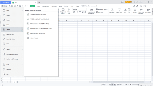 WPS Office Spreadsheets simpan sebagai opsi format