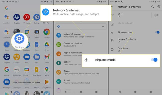 Android beállítások a Hálózat és internet és a Repülőgép mód kiemelésével