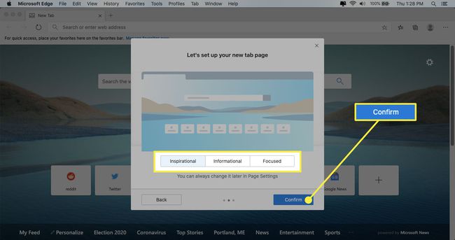 La pantalla de configuración de Edge con las opciones de Nueva pestaña y el botón Confirmar resaltados