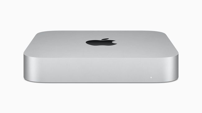 흰색 바탕에 은색 Apple Mac mini