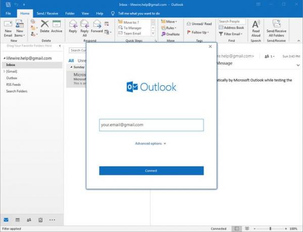 „Outlook 2016“ paskyros pridėjimo ekranas su el. pašto lauku