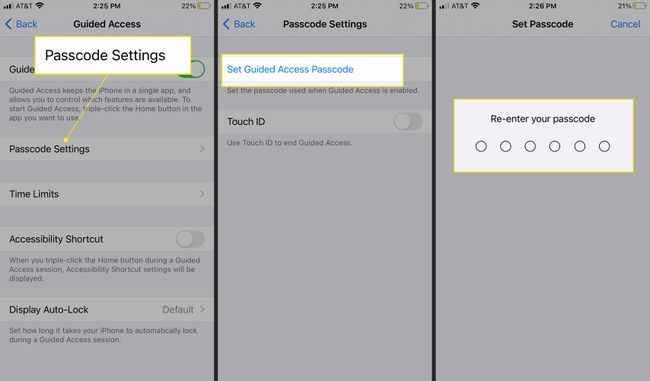 Configurações de acesso guiado do iPhone com Configurações de senha e Definir senha de acesso guiado destacadas