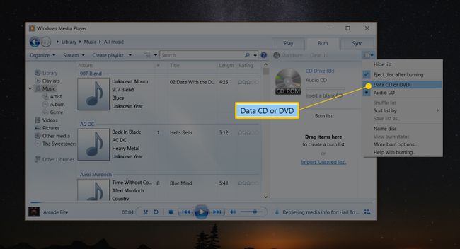 Option de menu CD ou DVD de données dans Windows Media Player