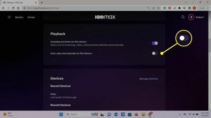 次のエピソードの自動再生トグルが HBO Max 設定で強調表示されます。