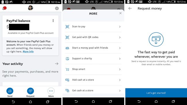 Série tří snímků obrazovky mobilní aplikace PayPal na chytrém telefonu Android.