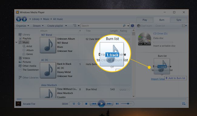 Faire glisser une piste vers la liste de gravure dans Windows Media Player