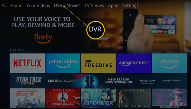 Fire TV-Startbildschirm mit neu erstellter DVR-Kategorie