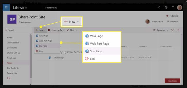 SharePoint Sitesi penceresinde " Yeni" seçilerek bir tür sayfa açılır.