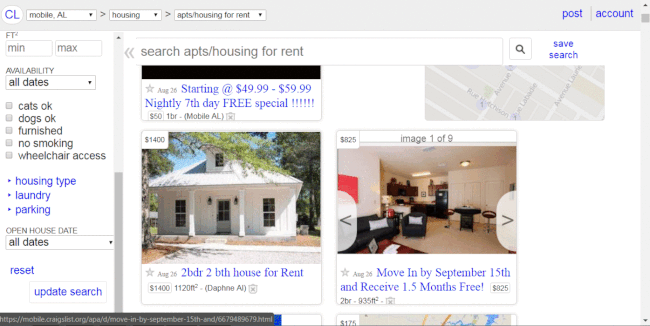 이것은 Craiglist 아파트 찾기 사이트의 스크린샷입니다.