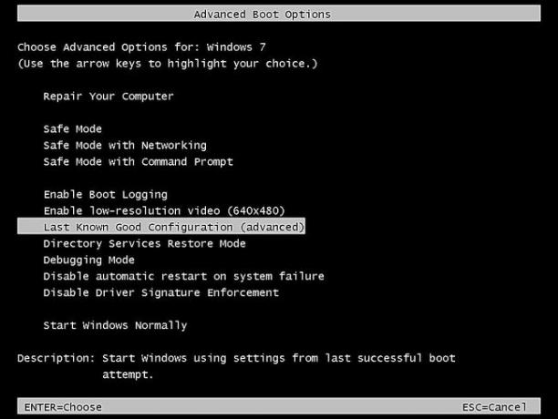 Nabídka Rozšířené možnosti spouštění v systému Windows 7
