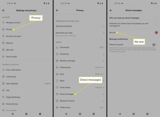 Android의 TikTok 설정 및 개인 정보 및 쪽지 화면