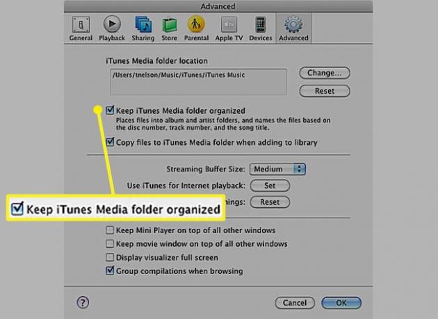 iTunes გაფართოებული პრეფერენციები მონიშნული ნიშნით Keep iTunes Media საქაღალდე ორგანიზებულად