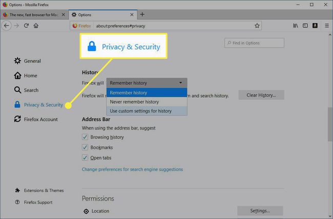 El encabezado Privacidad y seguridad en la configuración de Firefox