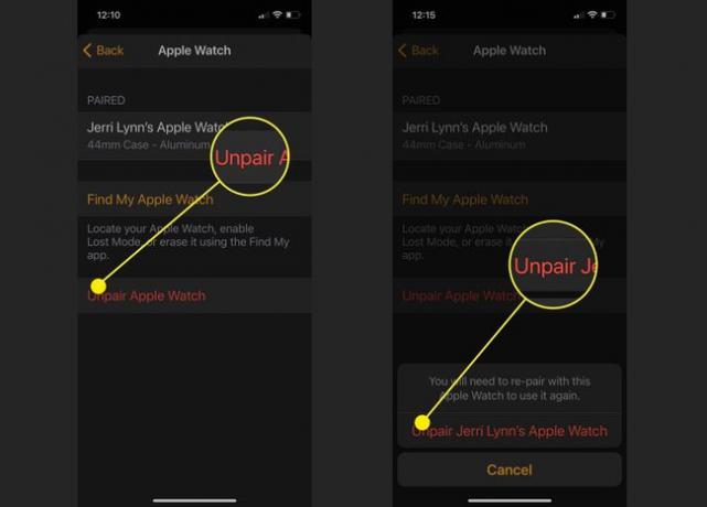 iPhone에서 Apple Watch의 페어링을 해제하는 방법을 보여주는 스크린샷.
