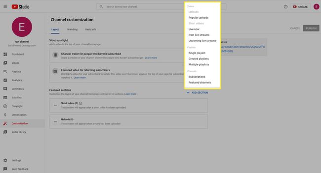 Je kunt maximaal 10 secties voor je kanaal toevoegen, waaronder populaire uploads, eerdere livestreams, aankomende livestreams en meer.
