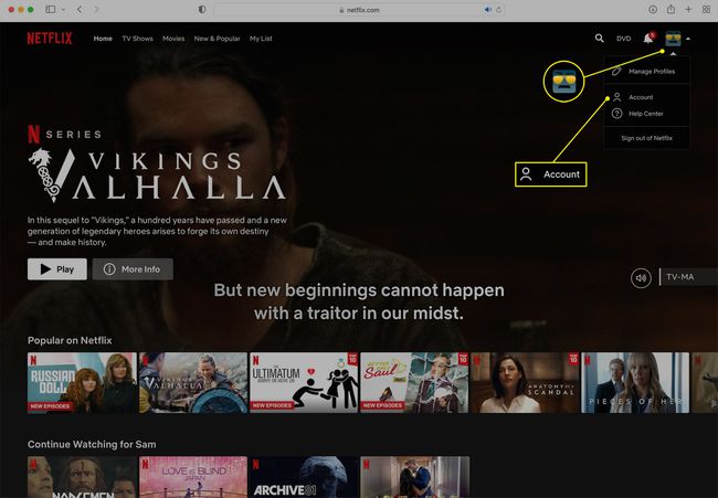 Site Netflix cu elementul de meniu Cont selectat