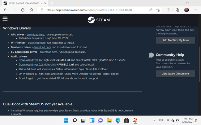 Drivers do Steam Deck para Windows no Edge em um Steam Deck.