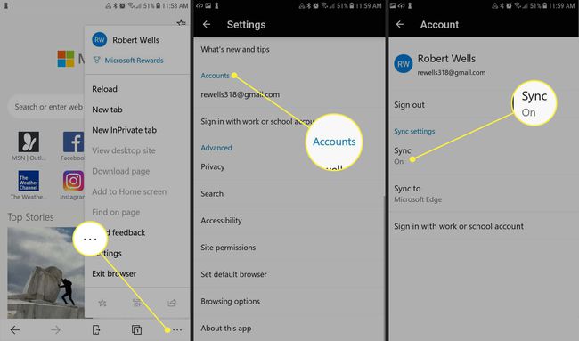 Edge dla Androida z podświetlonymi przyciskami Więcej, Konta i Synchronizuj