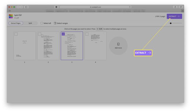 Site SmallPDF com página PDF dividindo o foco e o botão Extrair destacado